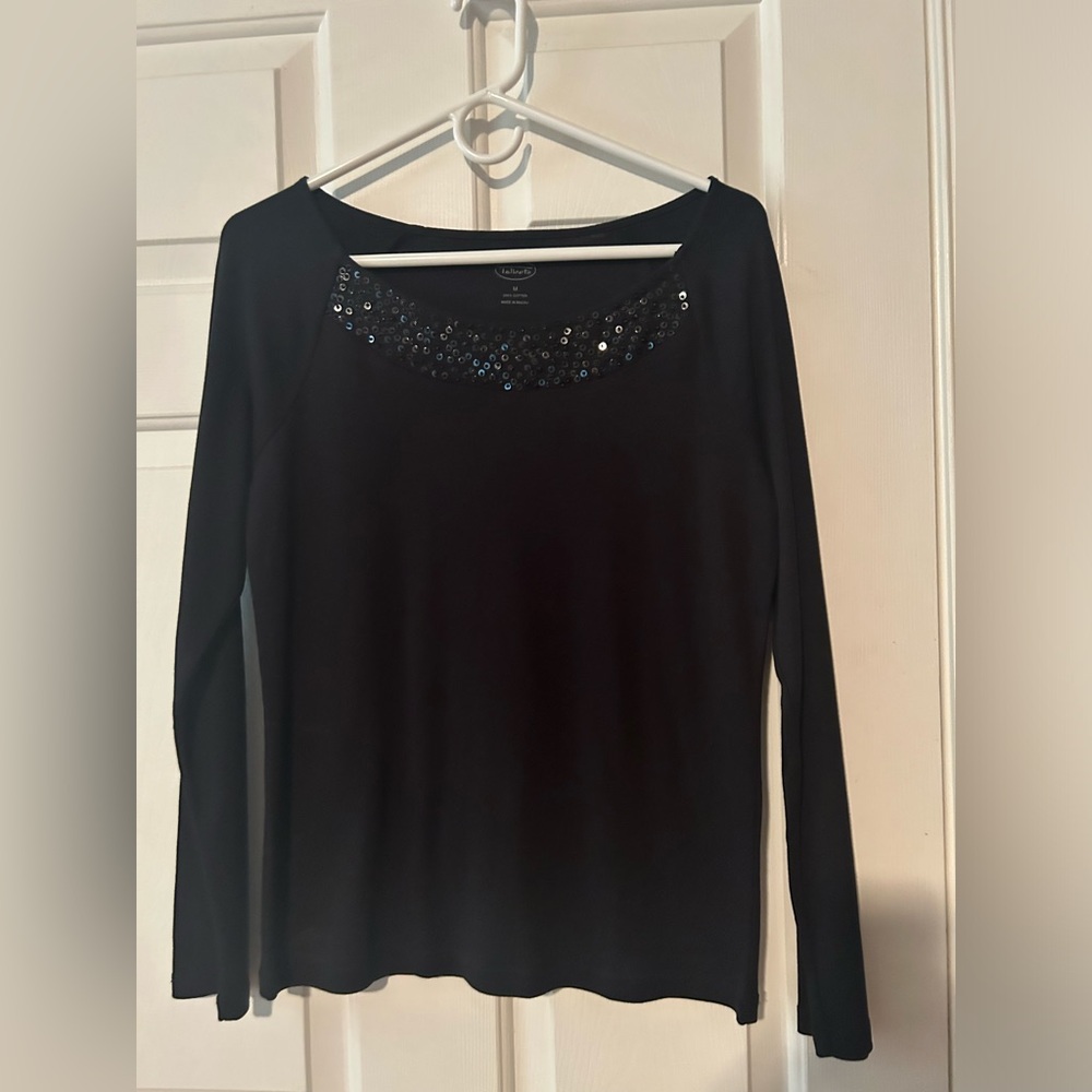 Lovely black cotton top with sequins along front neckline. Medium EUC